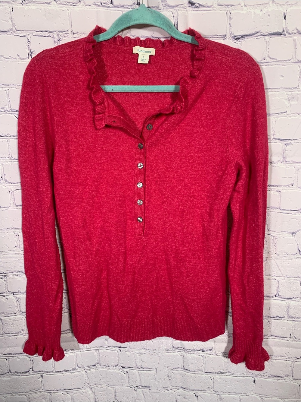 Sundance Womens Edwina Sweater Cashmere Blend Ruffle Red Pink Sz S Old Money